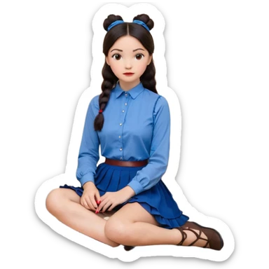 A woman with dark hair, straight and dark brown, styled in two buns, wears a blue long-sleeved shirt and a brown lace ruffled skirt. She holds a crayon in one hand. She sits on the floor with her legs crossed. The floor is covered with five stacks of colorful notebooks and a vase of red roses.  sticker