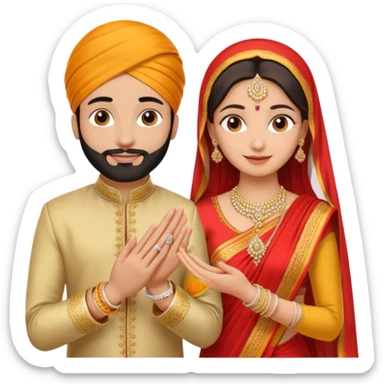 Two hands in a engagement..One hand of groom and one hand of bride. Bride hand - red/yellow saree. groom- light orange punjabi (oonly hands will be visible in the image). Groom's hand is holding a ring.*only the image of hand should be visible* sticker