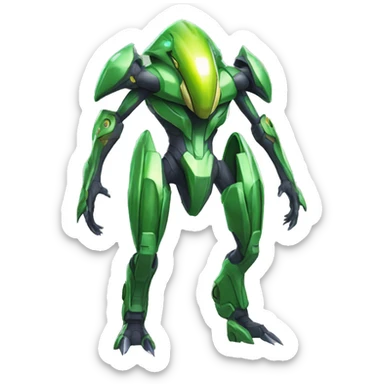 a shiny green Genesect-Raptor-Fakémon—hybrid with a futuristic visor-helmet full body sticker