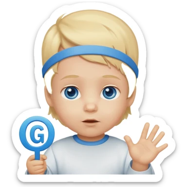 Caucasian blond hair blue eyed baby with a genius sign over it’s head sticker