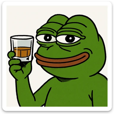 Pepe the Frog toasting with a whiskey glass, pepe meme style sticker