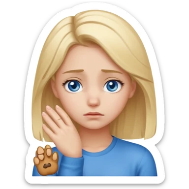 A girl holding its forehead with its paw because it has a headache sticker