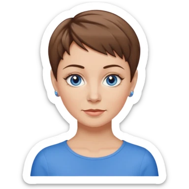 Frau helle Haut, braun mit dunkelblonden spitzen, kurzhaarfrisur Pixie schnitt, blaue Augen, mittleres alter sticker