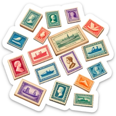 Icon for Stamp Collecting: a collection of vintage and colorful stamps arranged in an album or on a desk, with a large stamp block in the center showcasing different themes. The icon should reflect the charm and history of philately. Transparent background. sticker