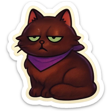 Fluffy sleepy tired dopey cute dark-brown cat with green eyes and a purple scarf  sticker