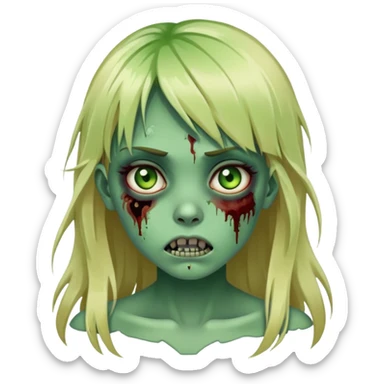 zombie girl with green skin, bruises, blonde long hair with bangs sticker