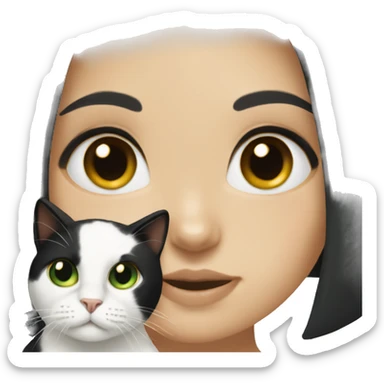 White girl with green eyes and black hair holding a calico cat sticker