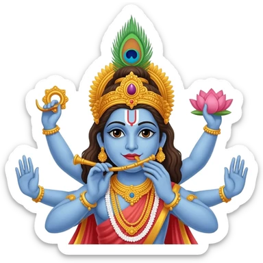 4 handed Lord Krishna is wearing mayur pankh , holding sudarshan chakra in right hand, left hand lotus and another two hand flute on mouth. sticker