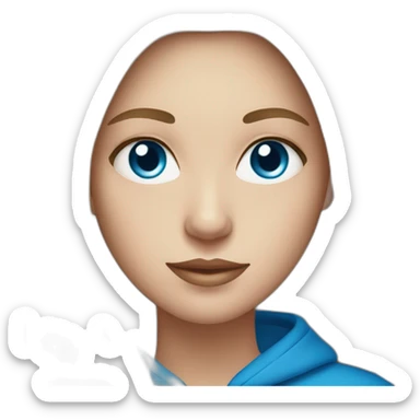 White woman with long dark straight hair and blue eyes with long eyelashes and blue hoodie sticker