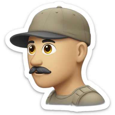 shaved head in five-panel cap with bristle and mustache sticker