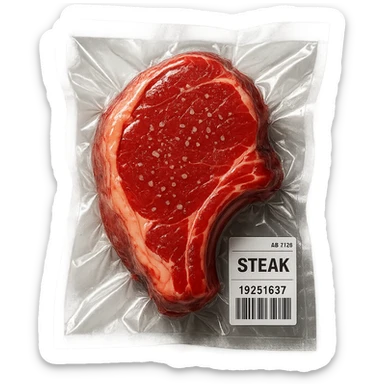 juicy steak sprinkled with tiny crystals, shiny and inflated, vacuum-sealed style sticker