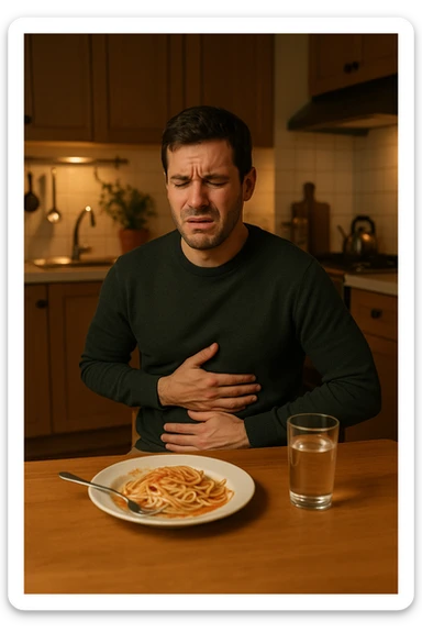 a man sits at a dining table, looking uncomfortable and holding his stomach after eating a plate of pasta. His expression shows mild pain or bloating. On the table, there’s a half-eaten plate of spaghetti, and a glass of water. The background is a cozy kitchen, but the focus is on the man’s discomfort.
 sticker