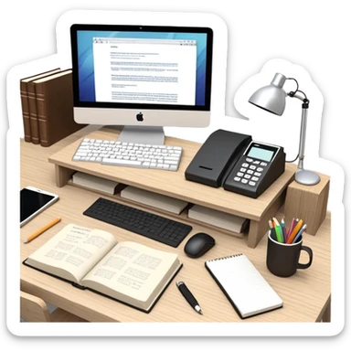 Computer on a desk with scattered books and notebooks and text "Ожидайте пользователь, делает все через AI" sticker