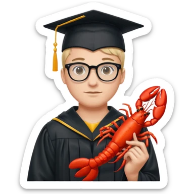 wrestler in a graduation gown with glasses, holding a lobster, Ohio State theme sticker