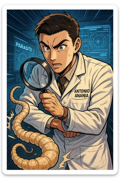 A dynamic manga/webtoon-style illustration of a young male kinesiologist wearing a clean white lab coat, analyzing light beige worms like a tapeworm under a magnifying glass. His expression is focused and slightly intrigued, with sharp, detailed eyes. The art style is vibrant, with bold linework, rich colors, and dramatic lighting. The background is a futuristic laboratory with glowing holographic screens displaying parasite data. The tapeworm is intricately drawn, slimy and segmented, with a slightly exaggerated yet realistic texture. The composition is dynamic, with motion lines or energy effects to emphasize his scientific investigation. The atmosphere is intense but not dark, keeping a balance between scientific seriousness and stylish manga aesthetics, he has "ANTONIO ANANIA" WRITTEN ON WHITE LAB COAT sticker