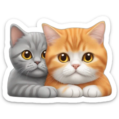 Orange persian shorthair little cat hugs the grey british shorthair cat sticker