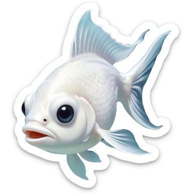 Cinematic Comical White Goldfish Portrait Emoji, Head tilted dramatically with an exaggeratedly amused expression, featuring a striking, glossy pure white body with elegantly fluttering fins, wide, expressive pale eyes filled with playful disbelief, Simplified yet hilariously expressive features, highly detailed, glowing with a slightly sassy glow, high shine, dramatic yet playful, stylized with an air of cheeky mischief, bright and endearing, soft glowing outline, capturing the essence of a spirited and over-the-top goldfish, so meme-worthy it feels like it could side-eye its way into internet fame instantly! sticker