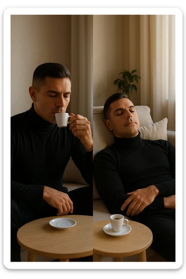 Uomo adulto in abiti casual in un ambiente domestico o ufficio tranquillo, mentre beve un caffè espresso con espressione consapevole. Subito dopo, si sdraia su un divano per un breve riposo di 20 minuti, occhi chiusi, posizione rilassata. La stanza è luminosa ma tranquilla, luce pomeridiana morbida che filtra dalla finestra. Atmosfera rigenerante e silenziosa. Accanto a lui, una tazzina vuota. Il suo viso appare calmo, in attesa del recupero energetico sticker