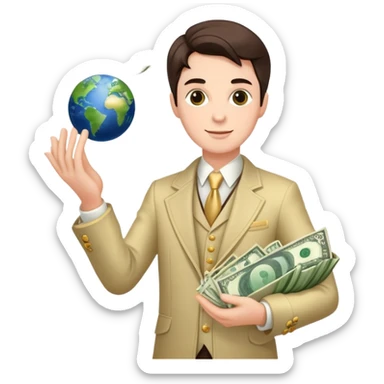 rich person holding the earth in both hands, dressed in fancy clothes with money flying around sticker