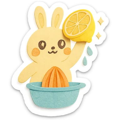 cute bunny-shaped citrus juicer, squeezing lemon, sparkling happy eyes, soft yellow, full-body sticker