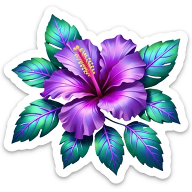 Lush Hibiscus bouquet. resolution of 5000x5800 pixels. transparent background. The design should emphasize clean, thin, and smooth lines to enhance the visual appeal. Hibiscus flowers should be depicted in purple iridescent, holographic, hues. Surround the flowers with realistic leaves, 8k sticker