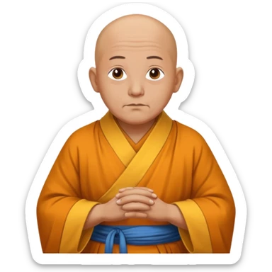A old bald monk wearing traditional robes, calm expression, hands clasped, in a serene setting sticker
