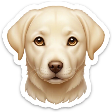 Cinematic Cute Cream Labrador Portrait Emoji, Head tilted playfully and inquisitively, featuring a silky cream Fur with a gentle sheen, round, sparkling warm eyes filled with curiosity, Simplified yet irresistibly adorable features, highly detailed, glowing with a warm, friendly glow, high shine, affectionate and spirited, stylized with a touch of whimsy, bright and endearing, soft glowing outline, capturing the essence of a mischievous yet loving companion, so playful it feels like it could dash out of the screen and into your arms! sticker