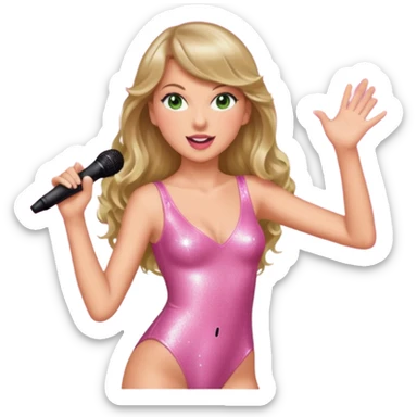 Green eyed smiling Taylor swift with long hair wearing a sparkly pink bodysuit singing at the eras tour sticker