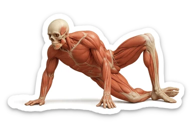 CORPO UMANO ANATOMICO REALISTICO CHE SVOLGE UN ESERCIZIO DI MOBILITà ALLE ANCHE, iperrealistico 4k sticker