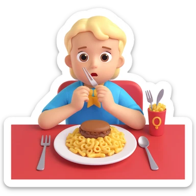 A stylized 3D character of a 6-year-old child sits at a table, looking bored at a plate of macaroni and a meat patty, absentmindedly poking the macaroni with a fork. sticker