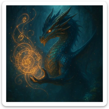 mystical dragon casting a spell in an enchanted atmosphere, fantasy theme, magical effects sticker