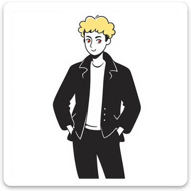 Make the Japanese man with red eyes and blond hair wink, smiling, in a hand drawn doodle style. sticker