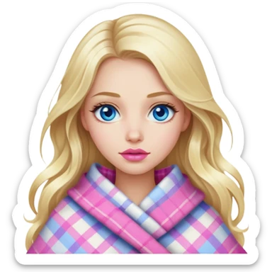 A beautiful blonde girl with long hair, blue eyes, pink lips is wrapped in a plaid sticker