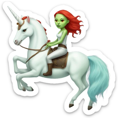 [politically incorrect
	{ woman: alien, color: light green, hair:red, eyes:cat} ]
	on a 
	[{ unicorn: white, legged:six, mane: light blue }] sticker