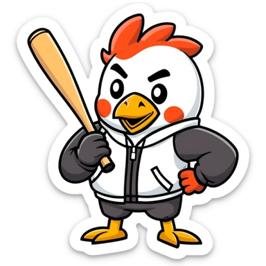 Character with a hen mask holding a baseball bat and a jacket with a B on the left side  sticker
