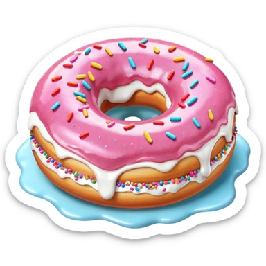 Pink donut with excessive amounts of white icing running down and through the hole of the donut, a waterfall of white icing. sticker