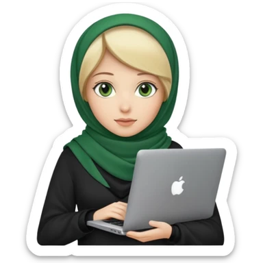 blond women skine , with green eyes , with black scarf hijab ,without hair, with macbook sticker