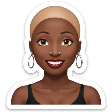 Grown black (proud) woman, bald with a perfect head, a prominent nose with a septum piercing, many piercings on her ears, a gap between her front teeth and very long nails (cynthia erivo) a proud lesbian, with long lashes and glam makeup sticker