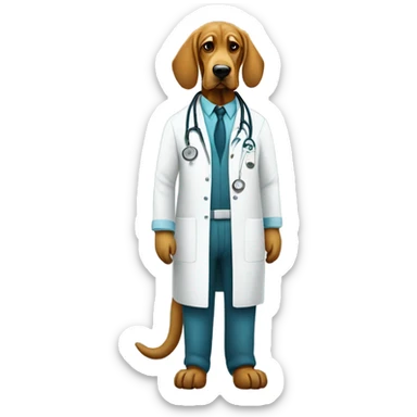 Full body White and gold bloodhound as a doctorwith scrubs and medical mask. sticker