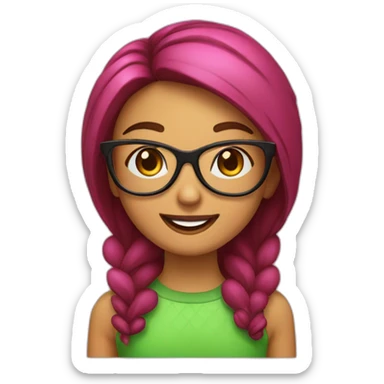 Chica Con coleta y color marrón con gafas verdes, sonrisa amplia y labios pintados de rosa sticker