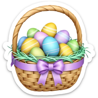 3D emoji of a colorful Easter basket filled with decorated eggs, pastel ribbons, and a woven texture in glossy emoji style. sticker