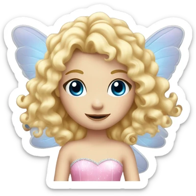 Fairy, a blonde hair with blue eyes and a pink dress with sparkly wings. White wings. The fairy has long, curly hair with a lot of volume sticker
