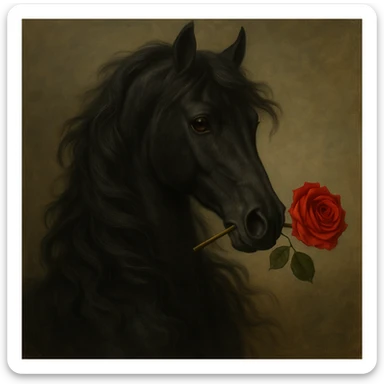 Make the horse black, keep the rose in its mouth, elegant and detailed style. sticker