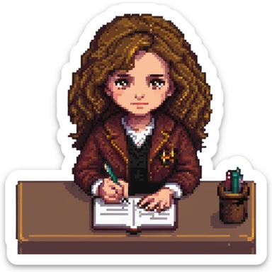 Hermione Granger writing in a notebook, pixel art style, simplified features, cozy setting sticker
