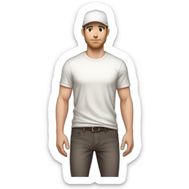 Pale skinned fit Man with dark brown hair in a light gray cap, dark brown jeans, brown polo and white T-shirt keeping a pasted with tape white box into his hands sticker