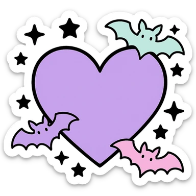 pastel goth heart with pastel bats and black stars ,remove background sticker