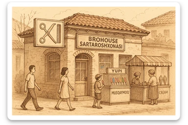 brohouse sartarosh xonasini chizib ber tashqaridan va uning yonida yupi va musqaymoq sotadigan lavkalar bulsin sticker