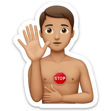 Person with one hand on their chest one hand extended palm outwards like stop sign sticker