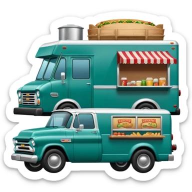 A 2022 half ton bluish green Chevrolet pulling a chuck wagon style food truck sticker