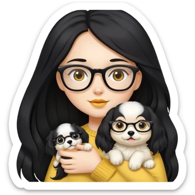 A beautiful girl with long black hair and glasses is holding a long-haired white and yellow puppy sticker